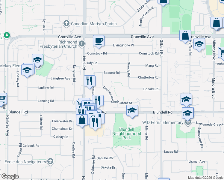map of restaurants, bars, coffee shops, grocery stores, and more near 7560 Chelsea Road in Richmond