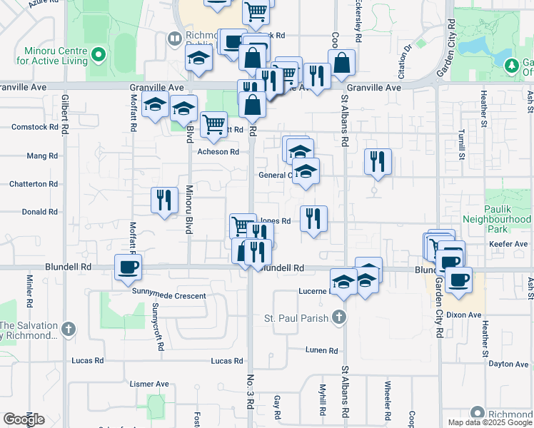 map of restaurants, bars, coffee shops, grocery stores, and more near 8051 Jones Road in Richmond