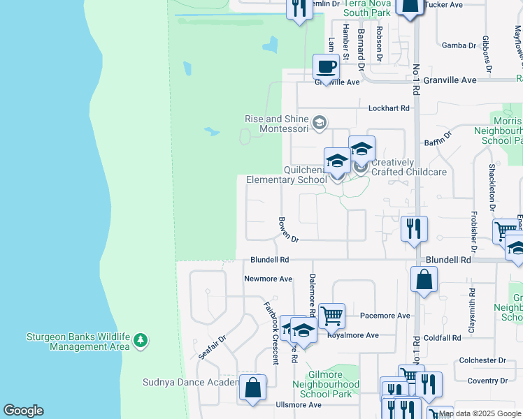 map of restaurants, bars, coffee shops, grocery stores, and more near 3100 Saturna Place in Richmond