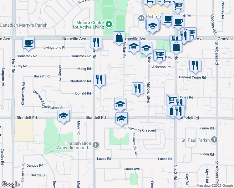 map of restaurants, bars, coffee shops, grocery stores, and more near 7511 Moffatt Road in Richmond