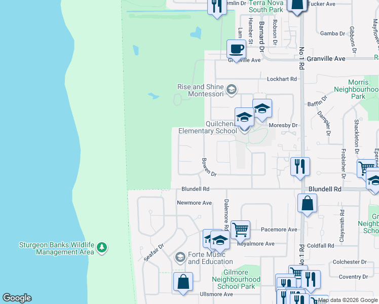 map of restaurants, bars, coffee shops, grocery stores, and more near 3151 Saturna Place in Richmond