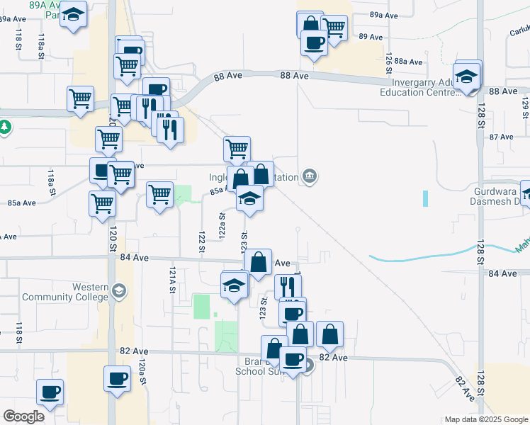 map of restaurants, bars, coffee shops, grocery stores, and more near 8528 123 Street in Surrey