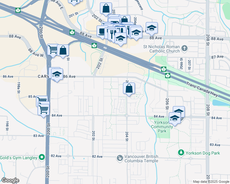 map of restaurants, bars, coffee shops, grocery stores, and more near 20325 85 Avenue in Langley Township