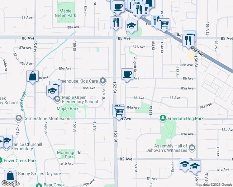 map of restaurants, bars, coffee shops, grocery stores, and more near 8520 152 Street in Surrey