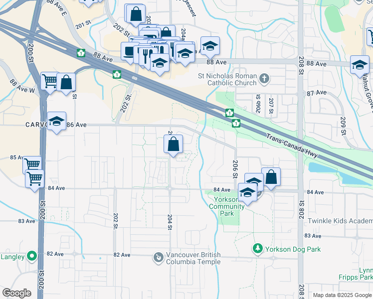 map of restaurants, bars, coffee shops, grocery stores, and more near 8570 204 Street in Langley
