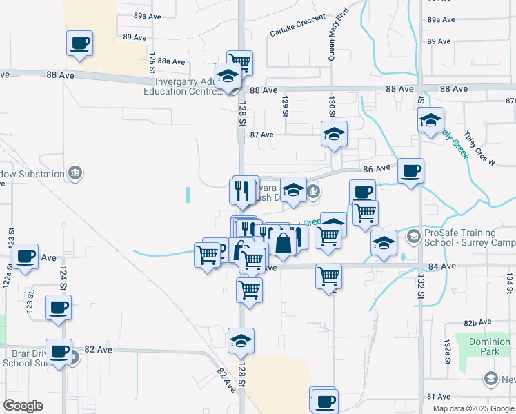 map of restaurants, bars, coffee shops, grocery stores, and more near 12841 85 Avenue in Surrey