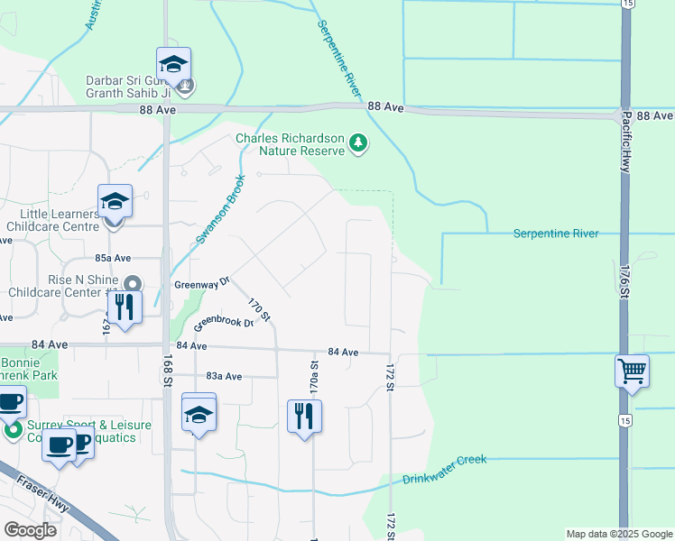 map of restaurants, bars, coffee shops, grocery stores, and more near 8481 171 Street in Surrey