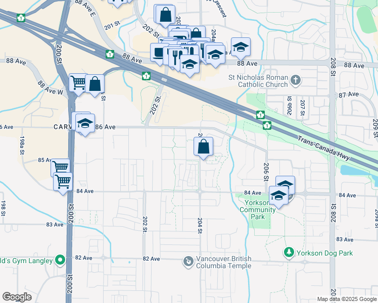 map of restaurants, bars, coffee shops, grocery stores, and more near 20367 85 Avenue in Langley Township
