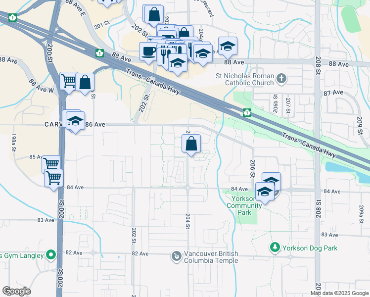 map of restaurants, bars, coffee shops, grocery stores, and more near 8567 204 Street in Langley Township