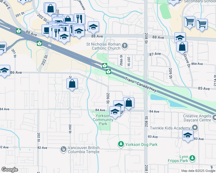 map of restaurants, bars, coffee shops, grocery stores, and more near 85 Avenue in Langley Township