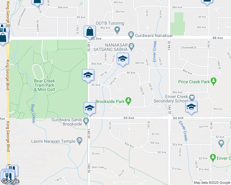 map of restaurants, bars, coffee shops, grocery stores, and more near 14180 85A Avenue in Surrey