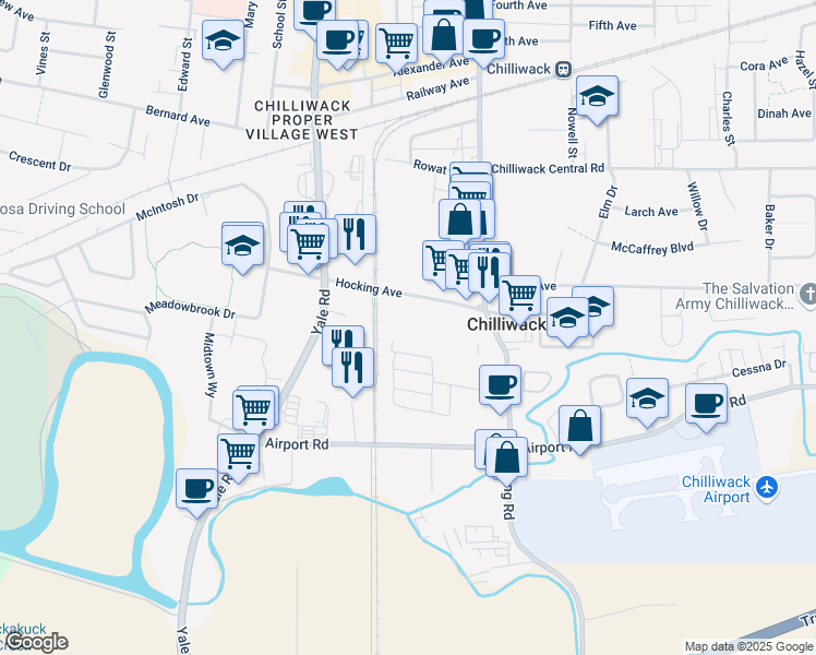 map of restaurants, bars, coffee shops, grocery stores, and more near 45844 Hocking Avenue in Chilliwack