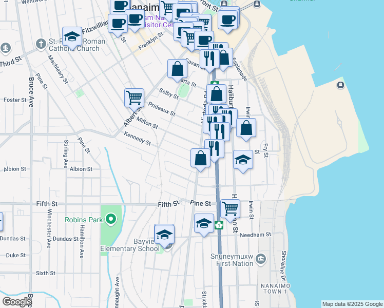 map of restaurants, bars, coffee shops, grocery stores, and more near 650 Sophia Lane in Nanaimo