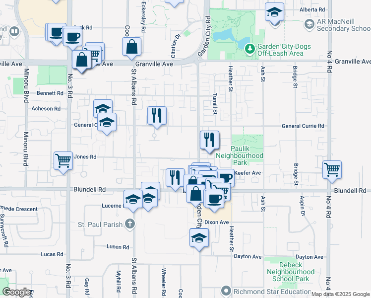 map of restaurants, bars, coffee shops, grocery stores, and more near 8775 Jones Road in Richmond