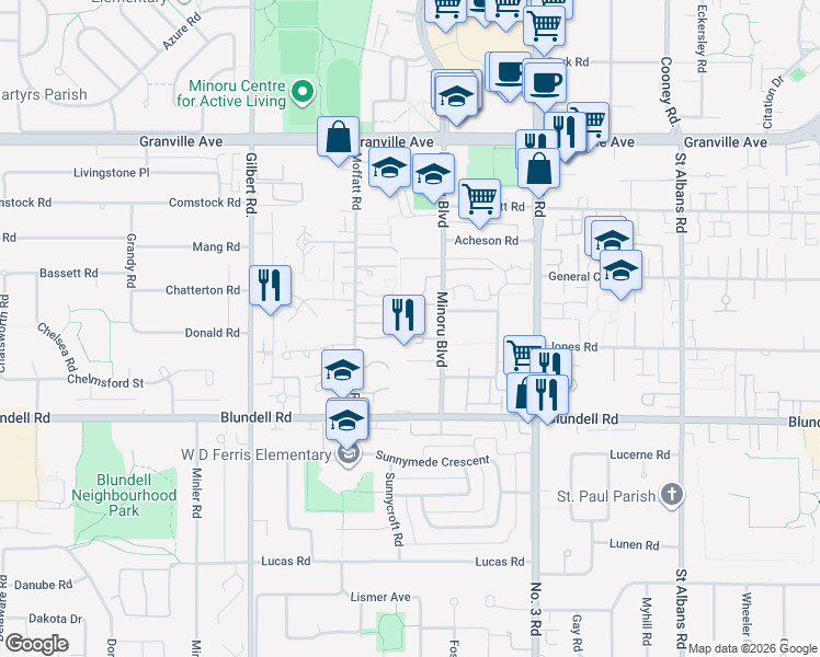 map of restaurants, bars, coffee shops, grocery stores, and more near 7531 Minoru Boulevard in Richmond