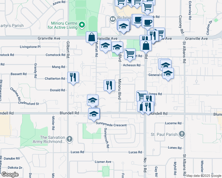 map of restaurants, bars, coffee shops, grocery stores, and more near 7531 Minoru Boulevard in Richmond