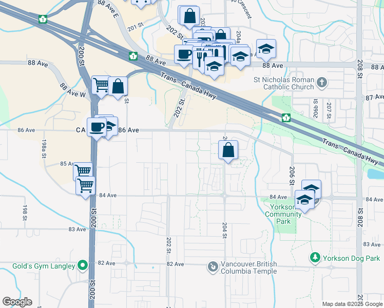 map of restaurants, bars, coffee shops, grocery stores, and more near 8526 202B Street in Langley Township