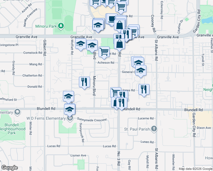 map of restaurants, bars, coffee shops, grocery stores, and more near 7540 Minoru Boulevard in Richmond