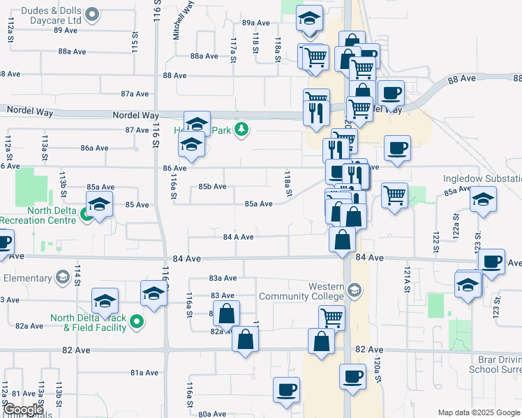 map of restaurants, bars, coffee shops, grocery stores, and more near 11812 85A Avenue in Delta
