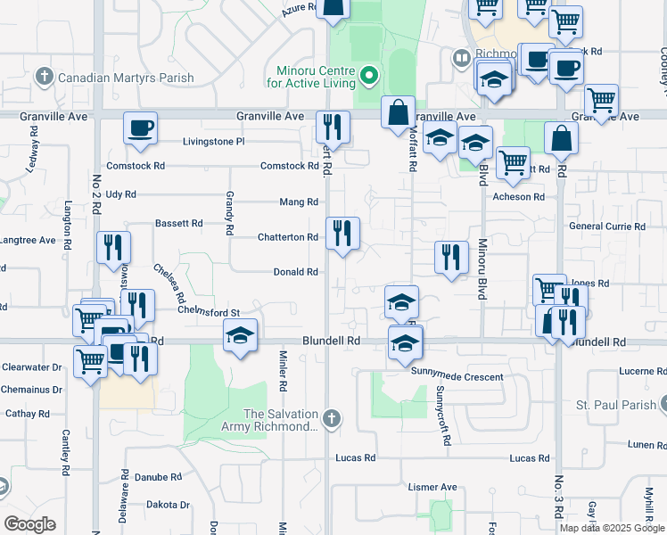 map of restaurants, bars, coffee shops, grocery stores, and more near 7520 Gilbert Road in Richmond