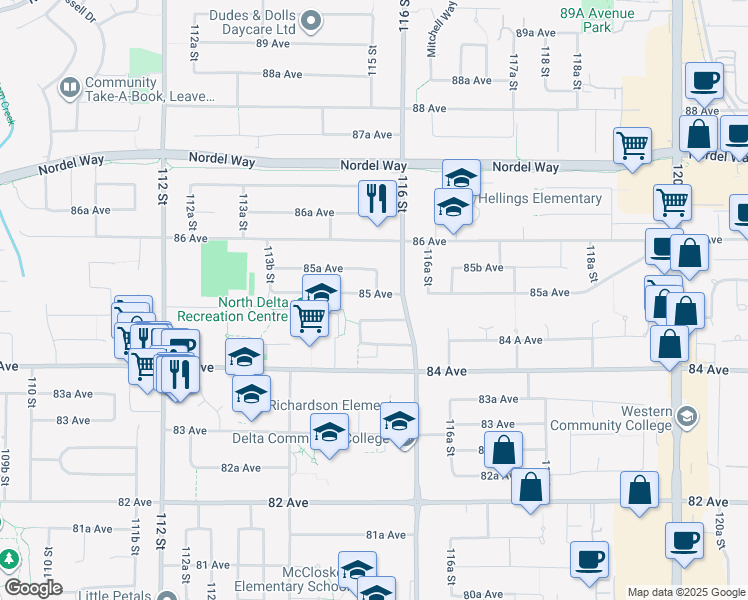 map of restaurants, bars, coffee shops, grocery stores, and more near 11532 85 Avenue in Delta