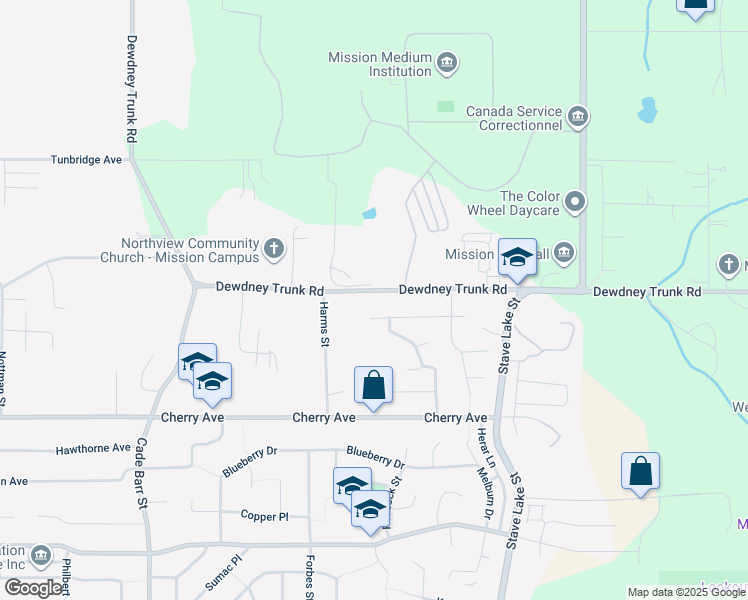 map of restaurants, bars, coffee shops, grocery stores, and more near 33664 Dewdney Trunk Road in Mission