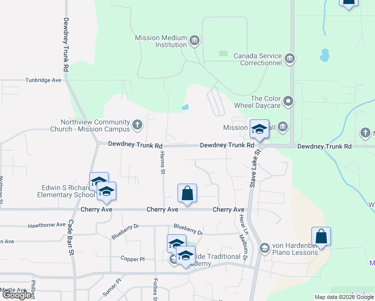 map of restaurants, bars, coffee shops, grocery stores, and more near 33664 Dewdney Trunk Road in Mission