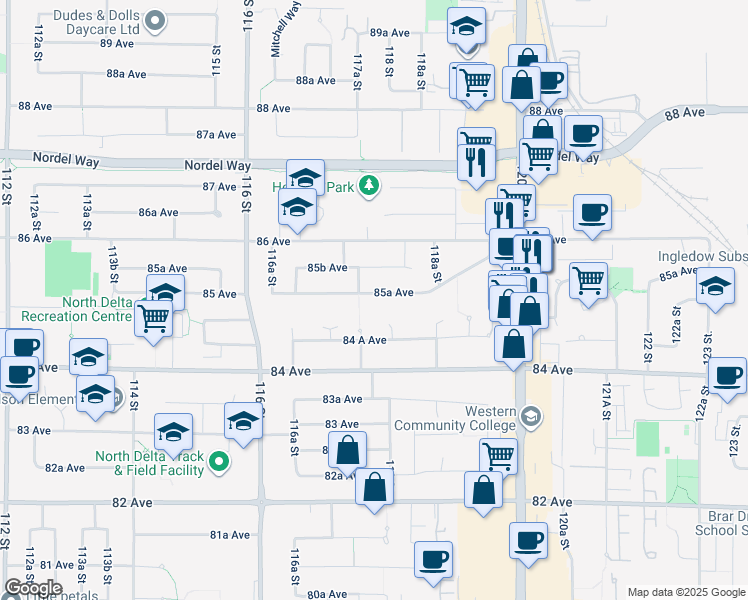map of restaurants, bars, coffee shops, grocery stores, and more near 11780 85A Avenue in Delta