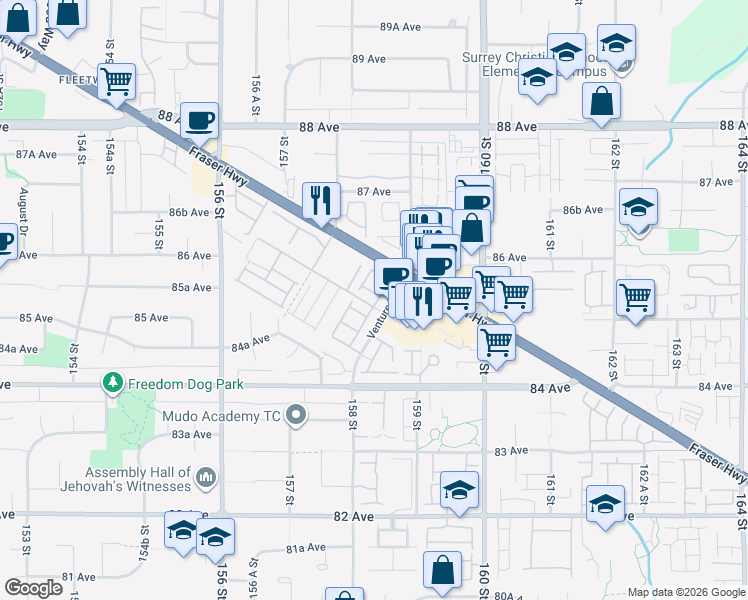 map of restaurants, bars, coffee shops, grocery stores, and more near 15871 85 Avenue in Surrey