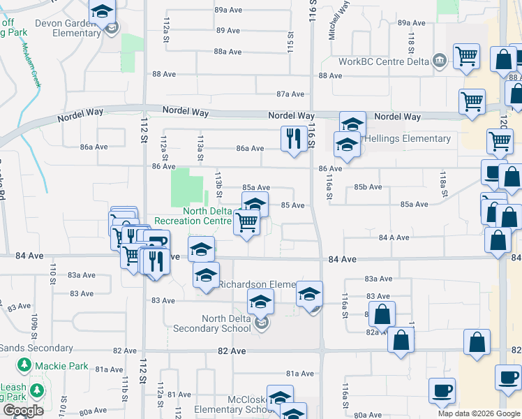 map of restaurants, bars, coffee shops, grocery stores, and more near in Delta