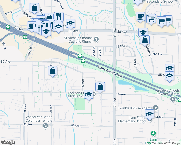 map of restaurants, bars, coffee shops, grocery stores, and more near 20659 85 Avenue in Langley
