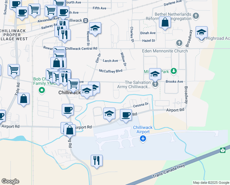 map of restaurants, bars, coffee shops, grocery stores, and more near 8550 Norman Crescent in Chilliwack