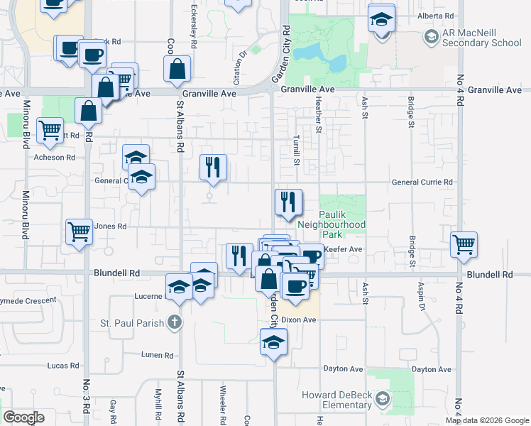 map of restaurants, bars, coffee shops, grocery stores, and more near 8975 Jones Road in Richmond
