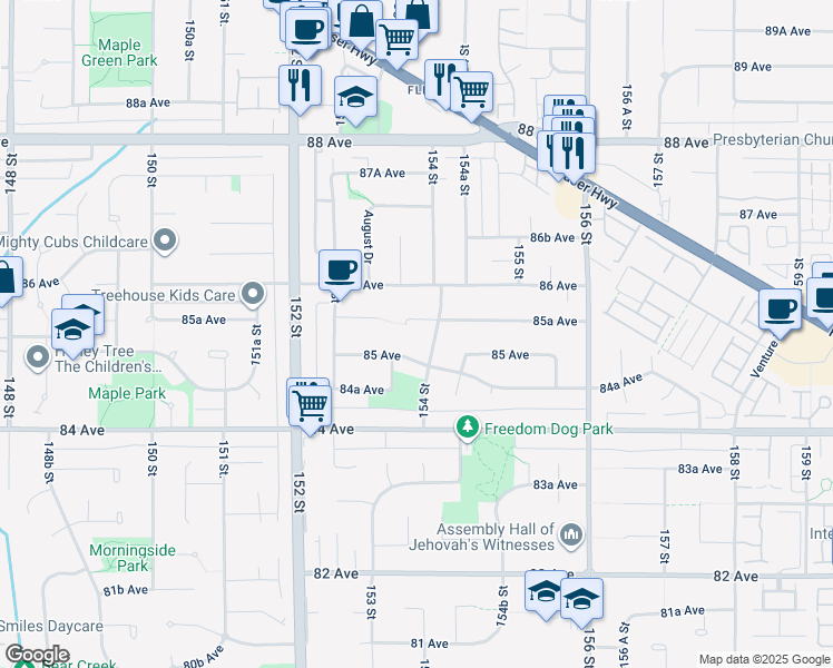 map of restaurants, bars, coffee shops, grocery stores, and more near 15364 85A Avenue in Surrey
