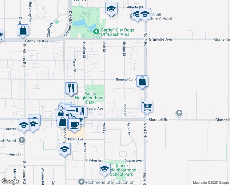 map of restaurants, bars, coffee shops, grocery stores, and more near 7577 Armstrong Street in Richmond