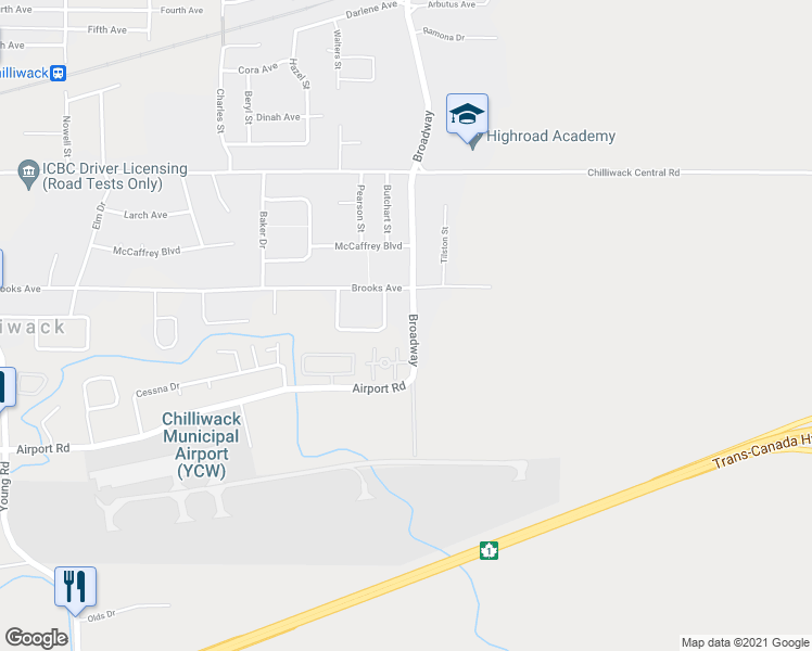map of restaurants, bars, coffee shops, grocery stores, and more near 8561 Broadway in Chilliwack