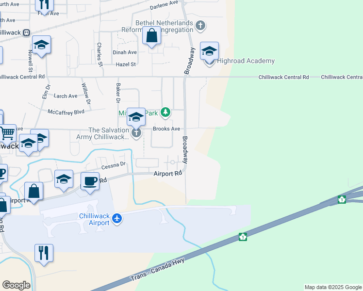 map of restaurants, bars, coffee shops, grocery stores, and more near 8562 Broadway in Chilliwack