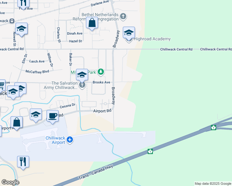 map of restaurants, bars, coffee shops, grocery stores, and more near 8562 Broadway in Chilliwack