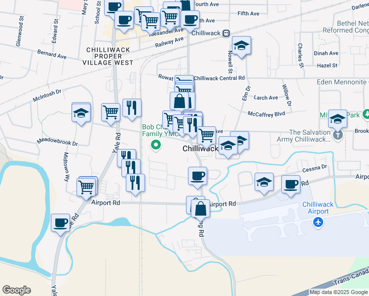 map of restaurants, bars, coffee shops, grocery stores, and more near 8559 Young Road in Chilliwack