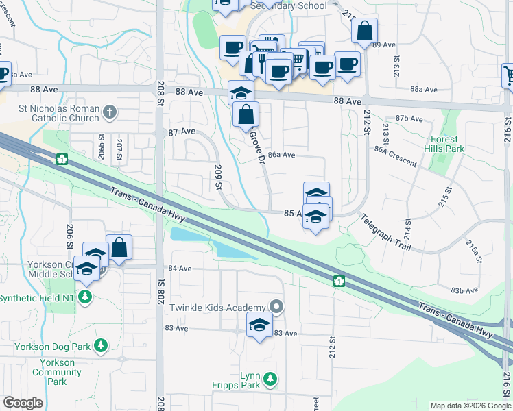 map of restaurants, bars, coffee shops, grocery stores, and more near 20367 85 Avenue in Langley City
