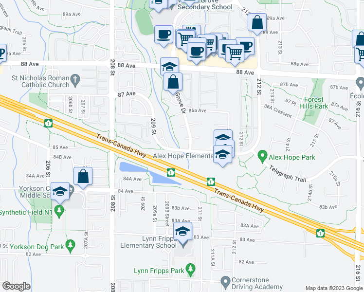 map of restaurants, bars, coffee shops, grocery stores, and more near 21007 85 Avenue in Langley