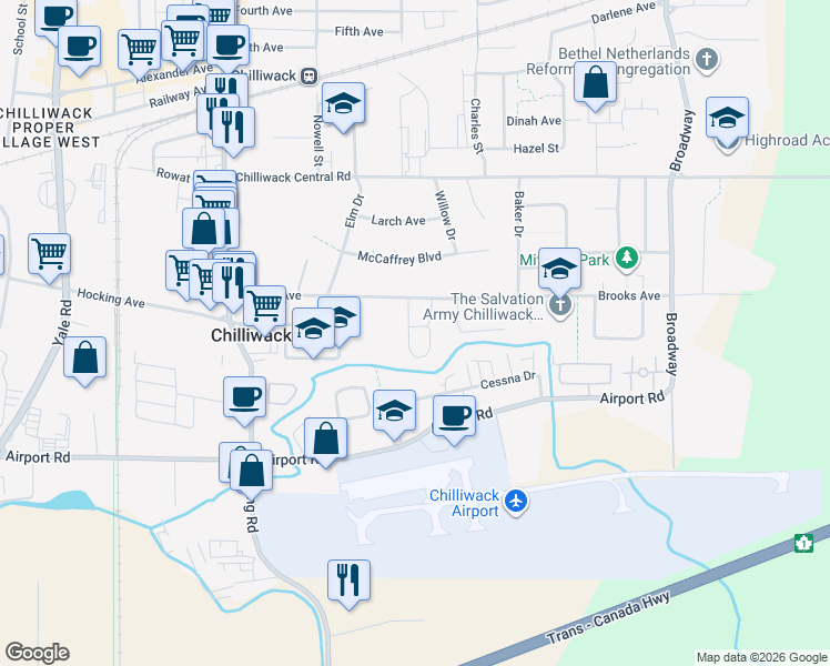 map of restaurants, bars, coffee shops, grocery stores, and more near 8550 Norman Crescent in Chilliwack