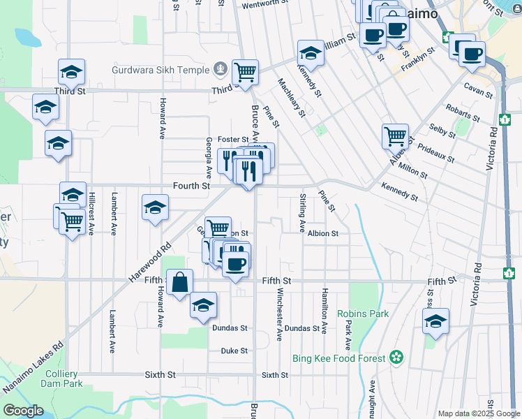 map of restaurants, bars, coffee shops, grocery stores, and more near 426 Bruce Avenue in Nanaimo