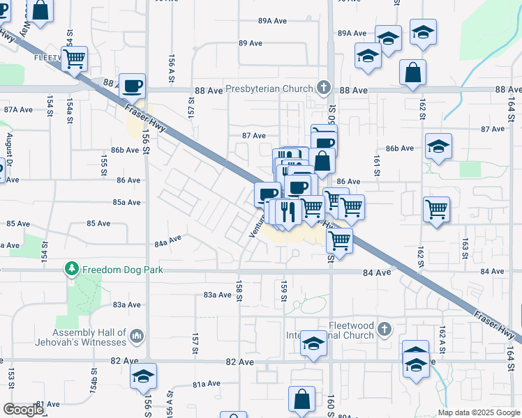 map of restaurants, bars, coffee shops, grocery stores, and more near 15871 85 Avenue in Surrey
