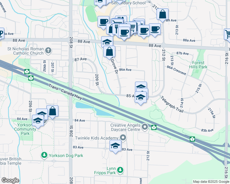 map of restaurants, bars, coffee shops, grocery stores, and more near 21007 85 Avenue in Langley