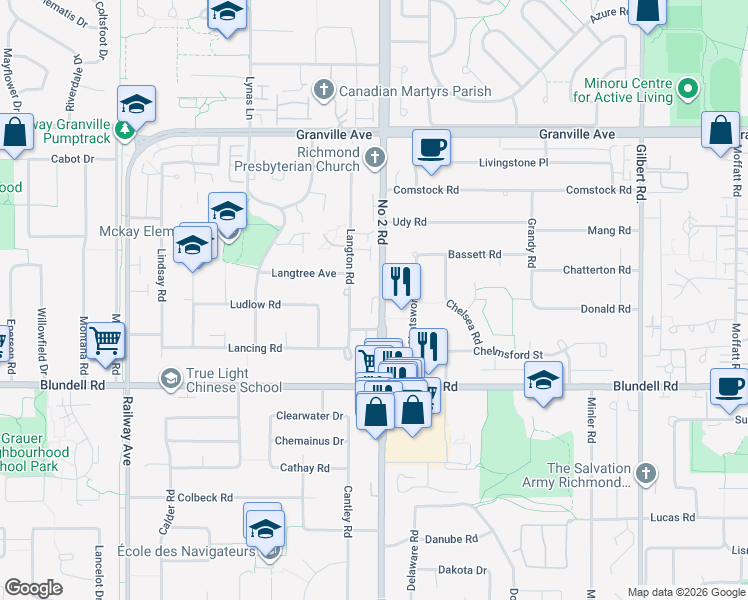map of restaurants, bars, coffee shops, grocery stores, and more near 7491 Number 2 Road in Richmond