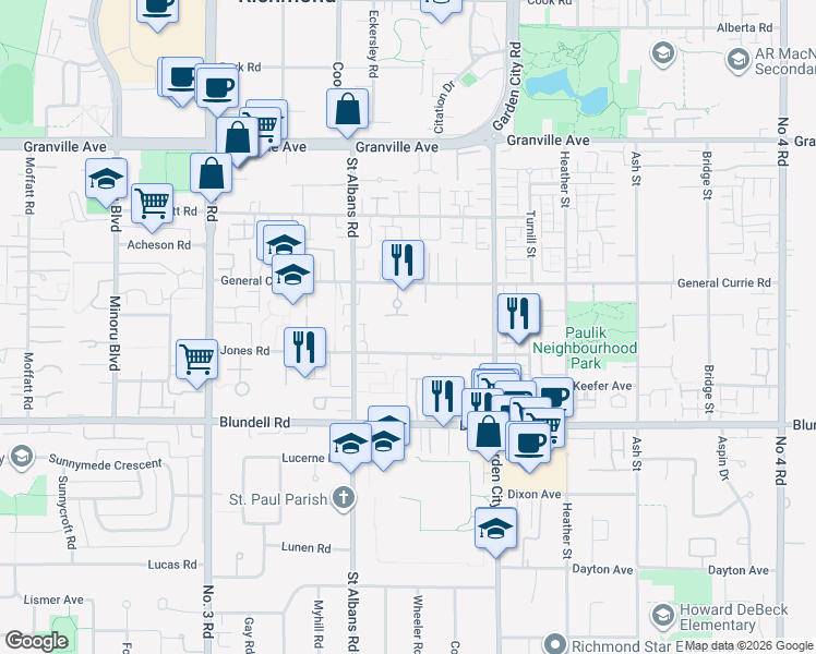 map of restaurants, bars, coffee shops, grocery stores, and more near in Richmond
