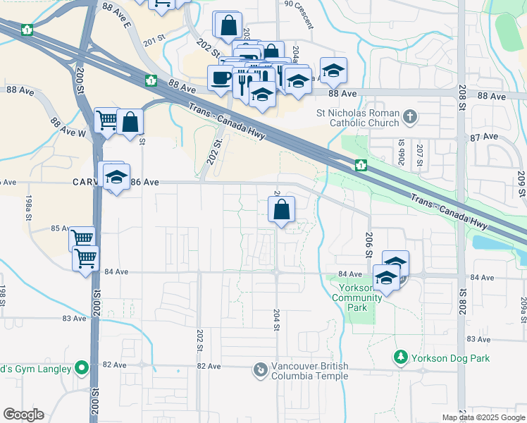 map of restaurants, bars, coffee shops, grocery stores, and more near 8538 203A Street in Langley Township