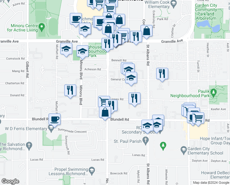 map of restaurants, bars, coffee shops, grocery stores, and more near 8120 General Currie Road in Richmond