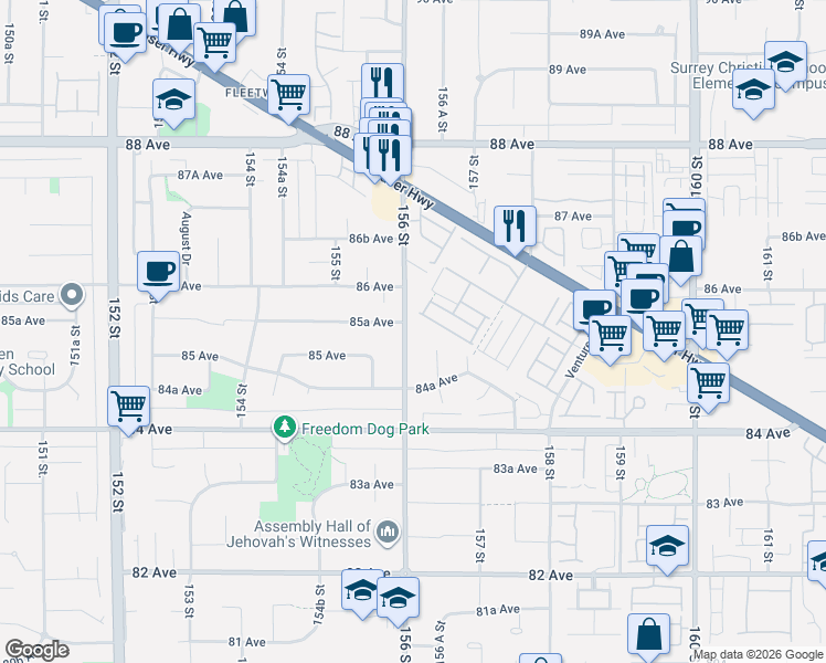 map of restaurants, bars, coffee shops, grocery stores, and more near 8538 156 Street in Surrey